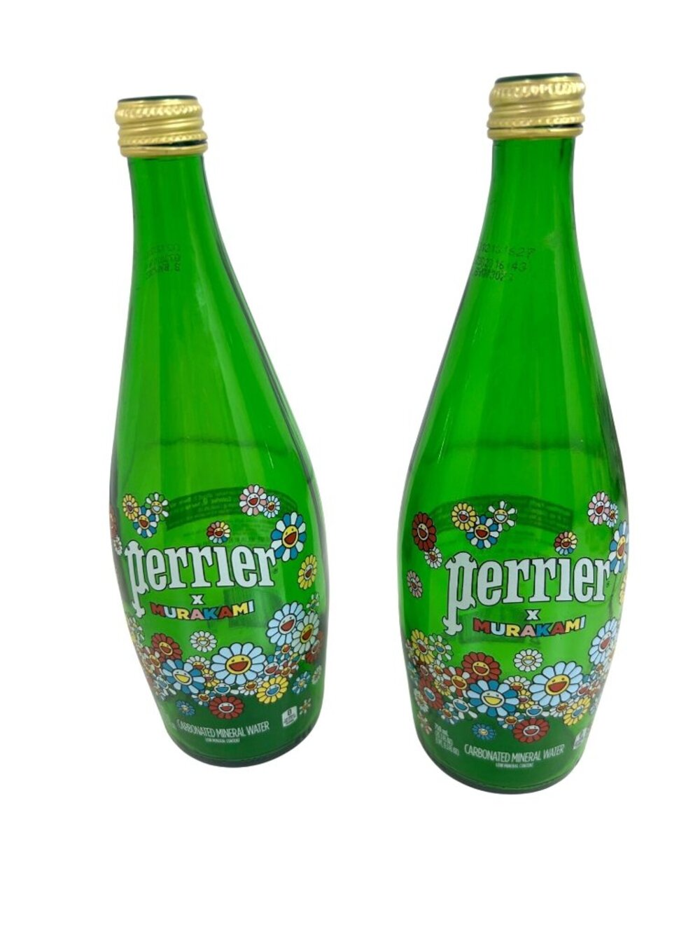 2 Perrier x Takasi Murakami Limited Glass Green Water Bottles Smiling Flowers